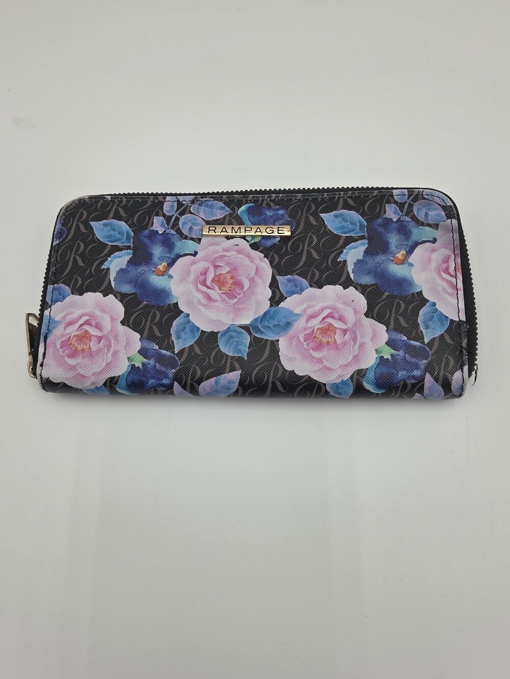Rampage Black Zip-Around Wallet with Pink & Blue Floral Print